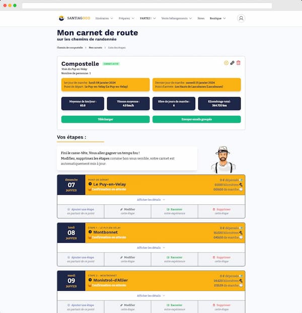 Création d'un roadbook étape par étape : choix du point de départ, définition de la distance, sélection de l'hébergement